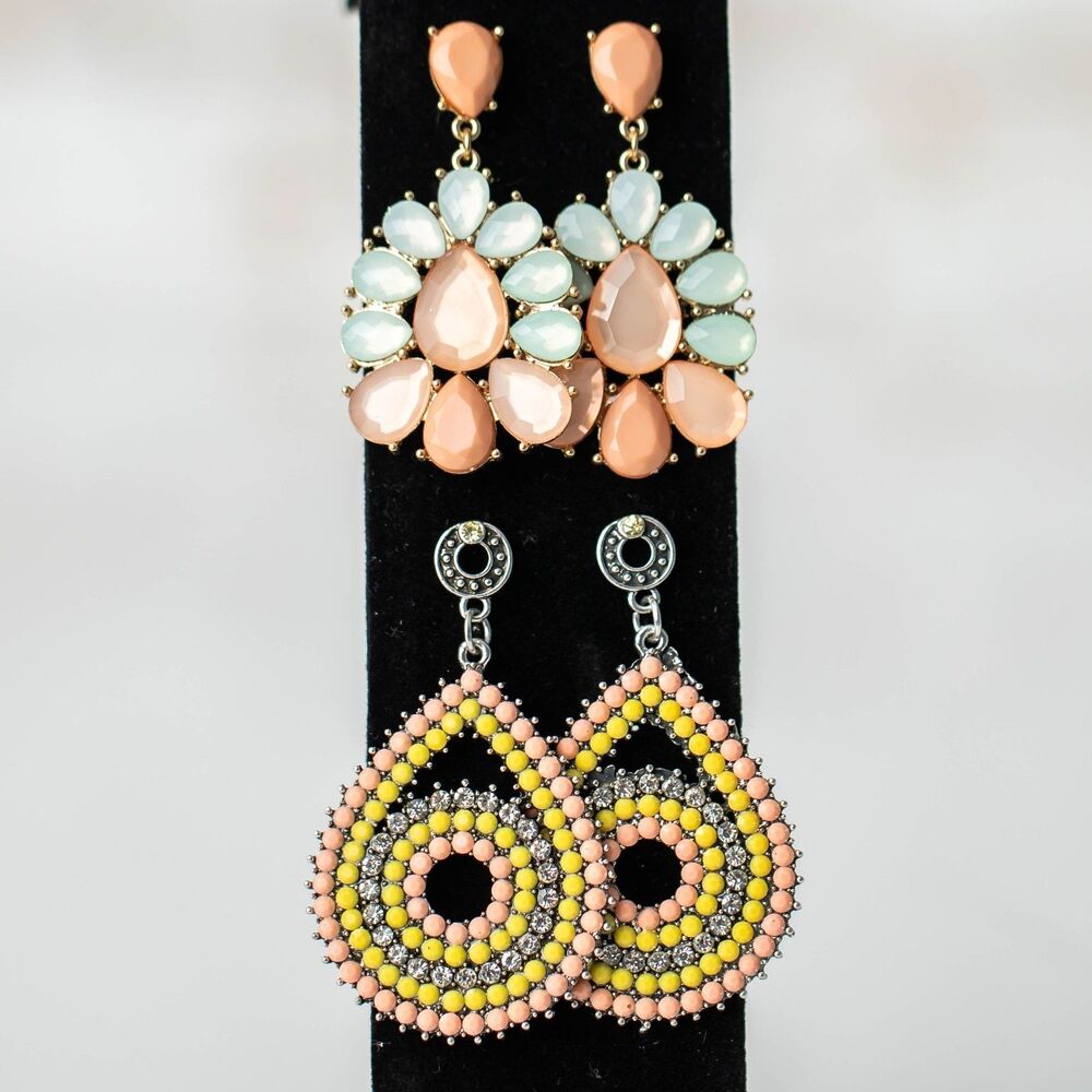2 Pair Statement Dangle Earrings Peach Mint Yellow Rhinestone Fashion Jewelry